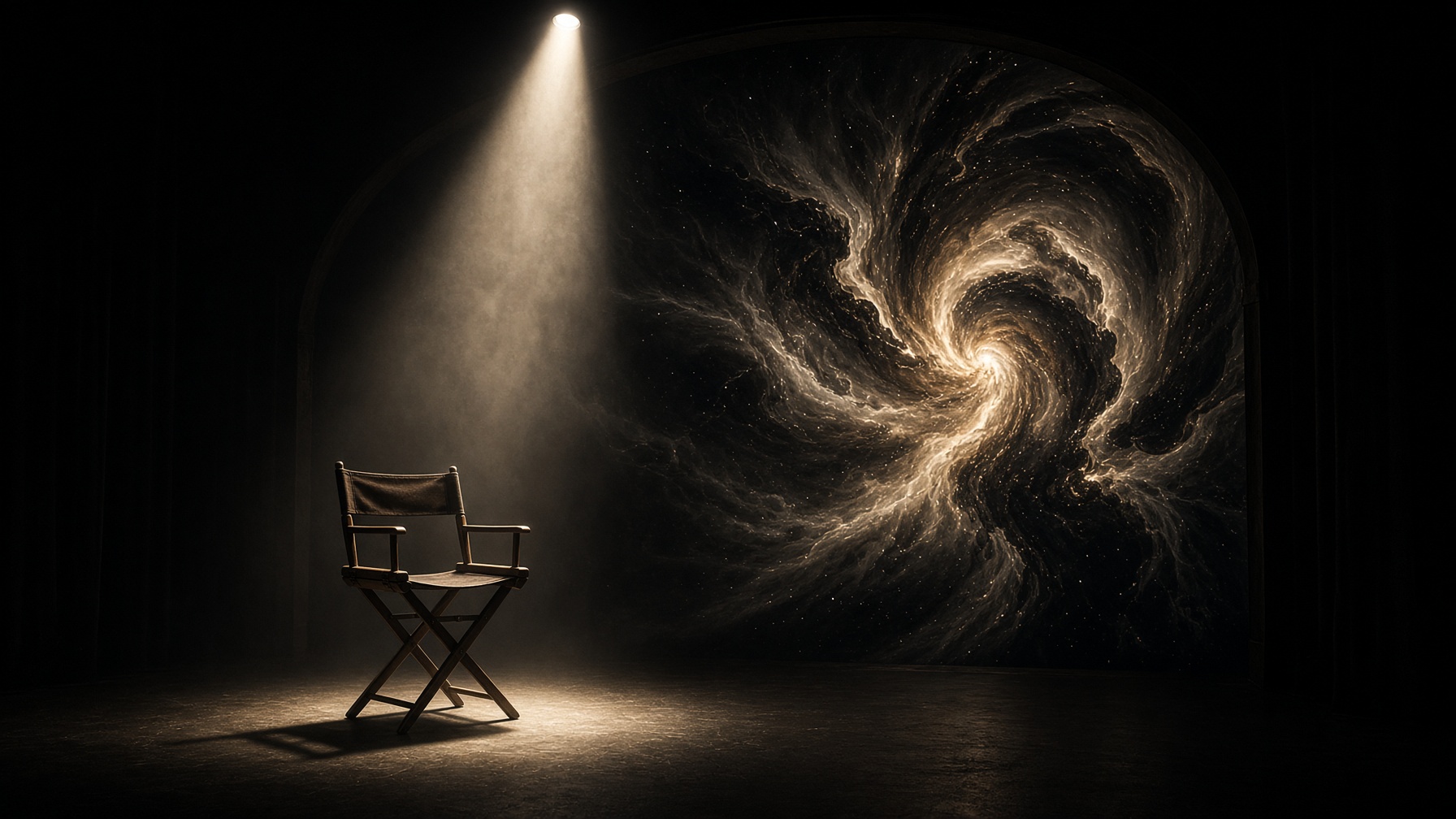 Empty director's chair on a dark stage facing a celestial nebula